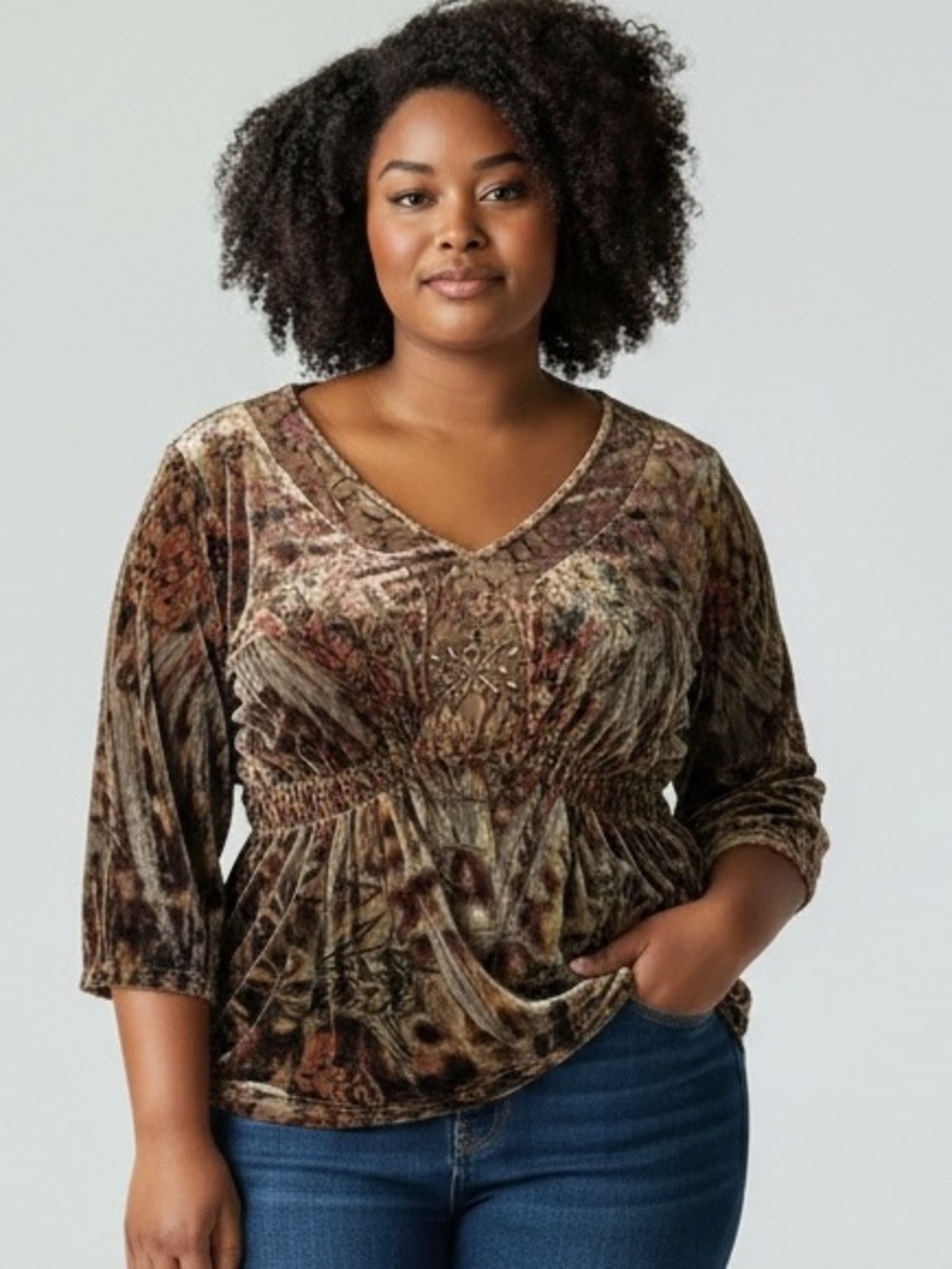 Apt 9 XL 1X Velvet 3/4 Sleeve Boho Babydoll V Neck Y2K Festival Gypsy Hippie Top